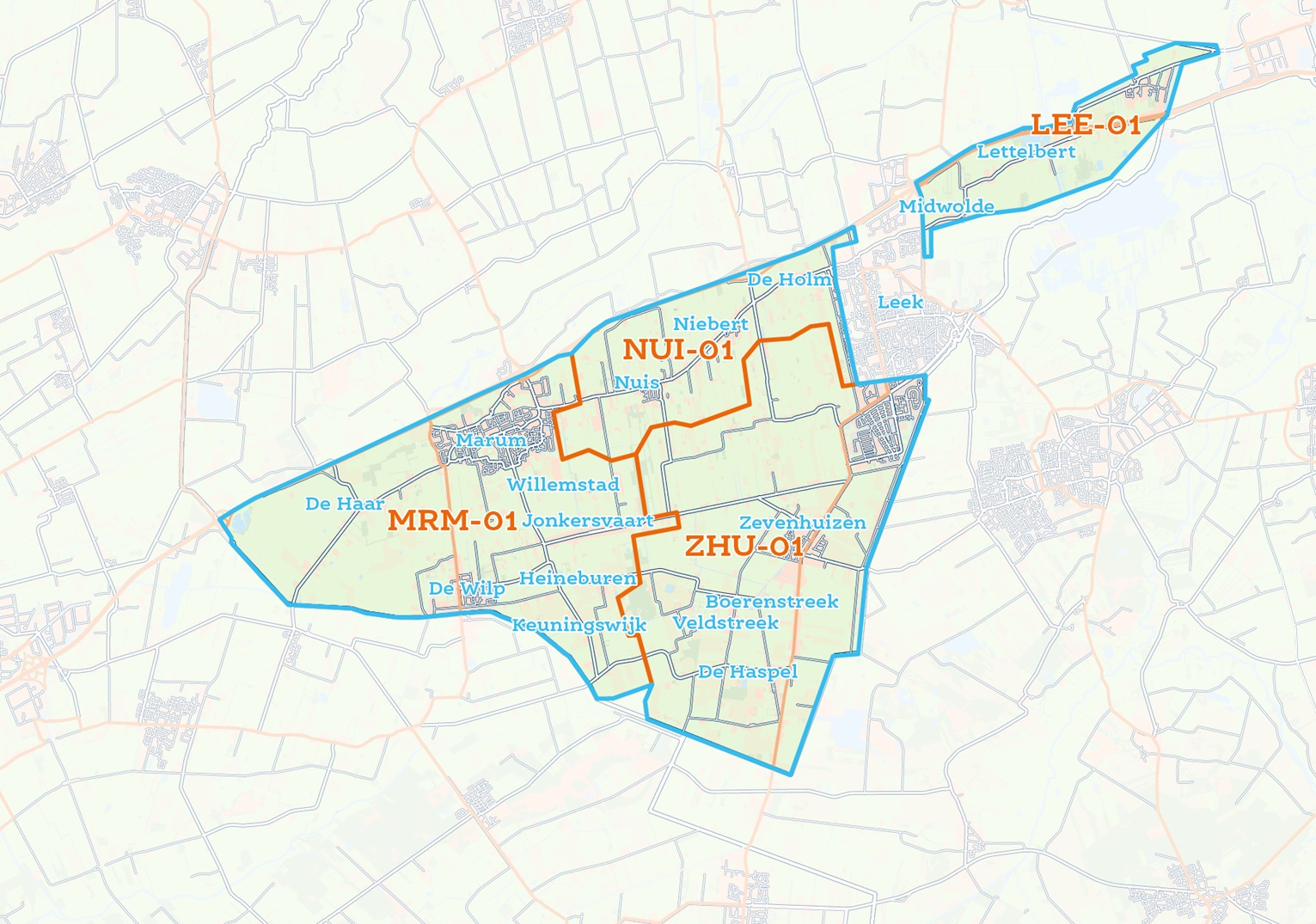 Gebiedskaart van GlasDraad Westerkwartier Zuid met de PoP-gebieden ZHU-01, NUI-01, MRM-01 en LEE-01