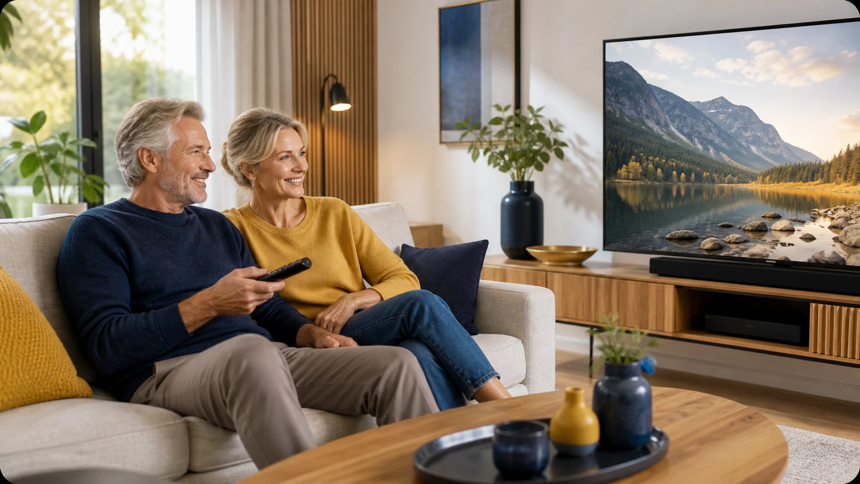 Een 50-plus echtpaar kijkt ontspannen samen televisie in een lichte woonkamer